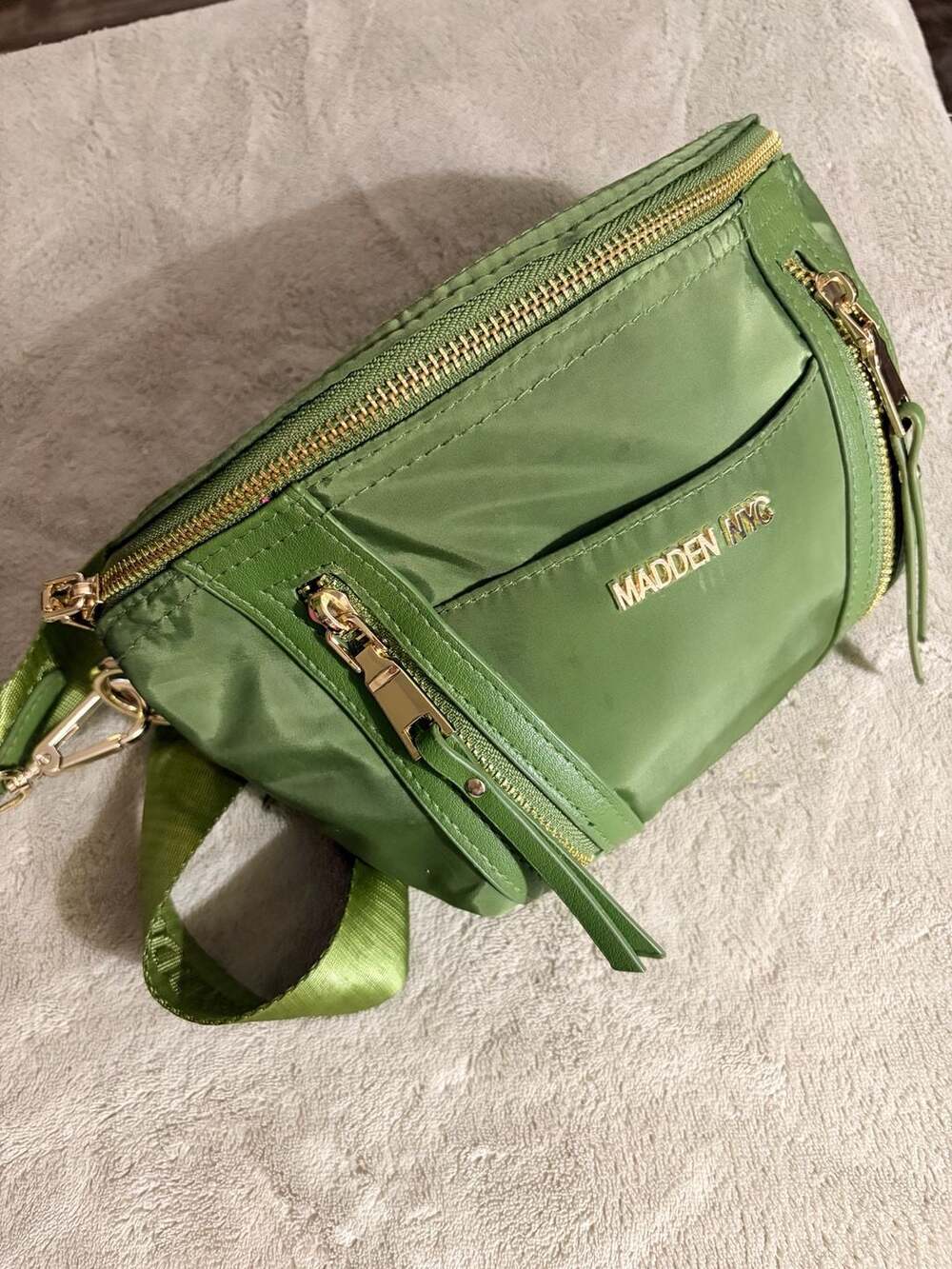 Madden NYC Multi Zipper Fanny Pack Crossbody Olive Green Nylon